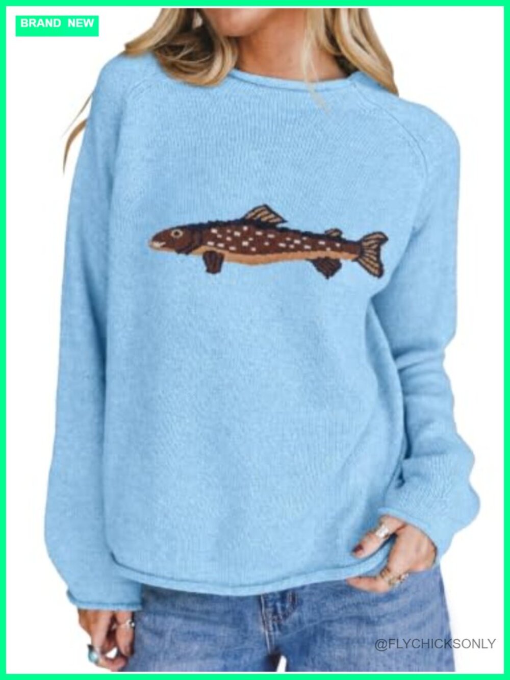 Oversized Fish Graphic Knit Pullover Sweater Lightweight Roll Neck